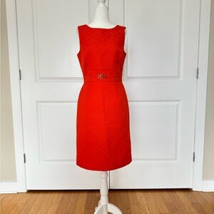 Red Sleeveless Midi Sheath Dress with Waist Buckle